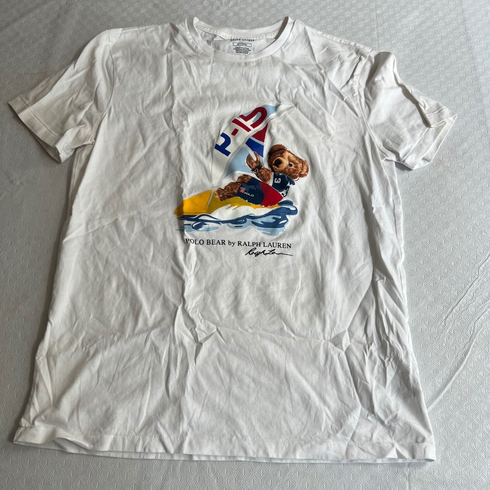 Polo Ralph Lauren Mens M White Polo Bear Sailing Graphic T-Shirt Y2K Preppy